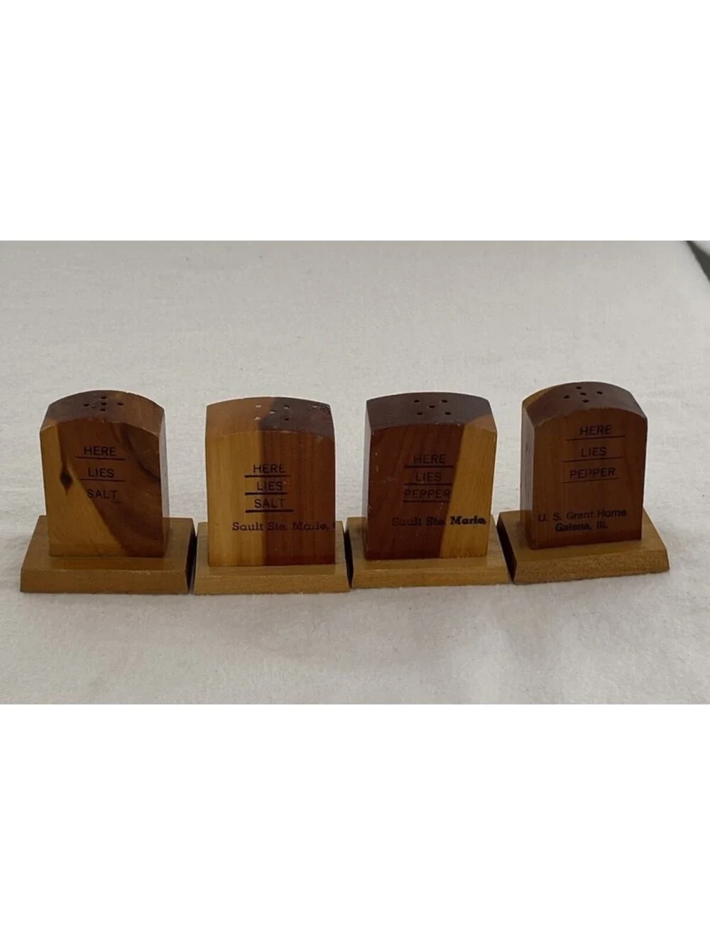 Set Of 2 Vintage Wooden Tombstone Salt Pepper Shakers “Here Lies Salt & Pepper”
